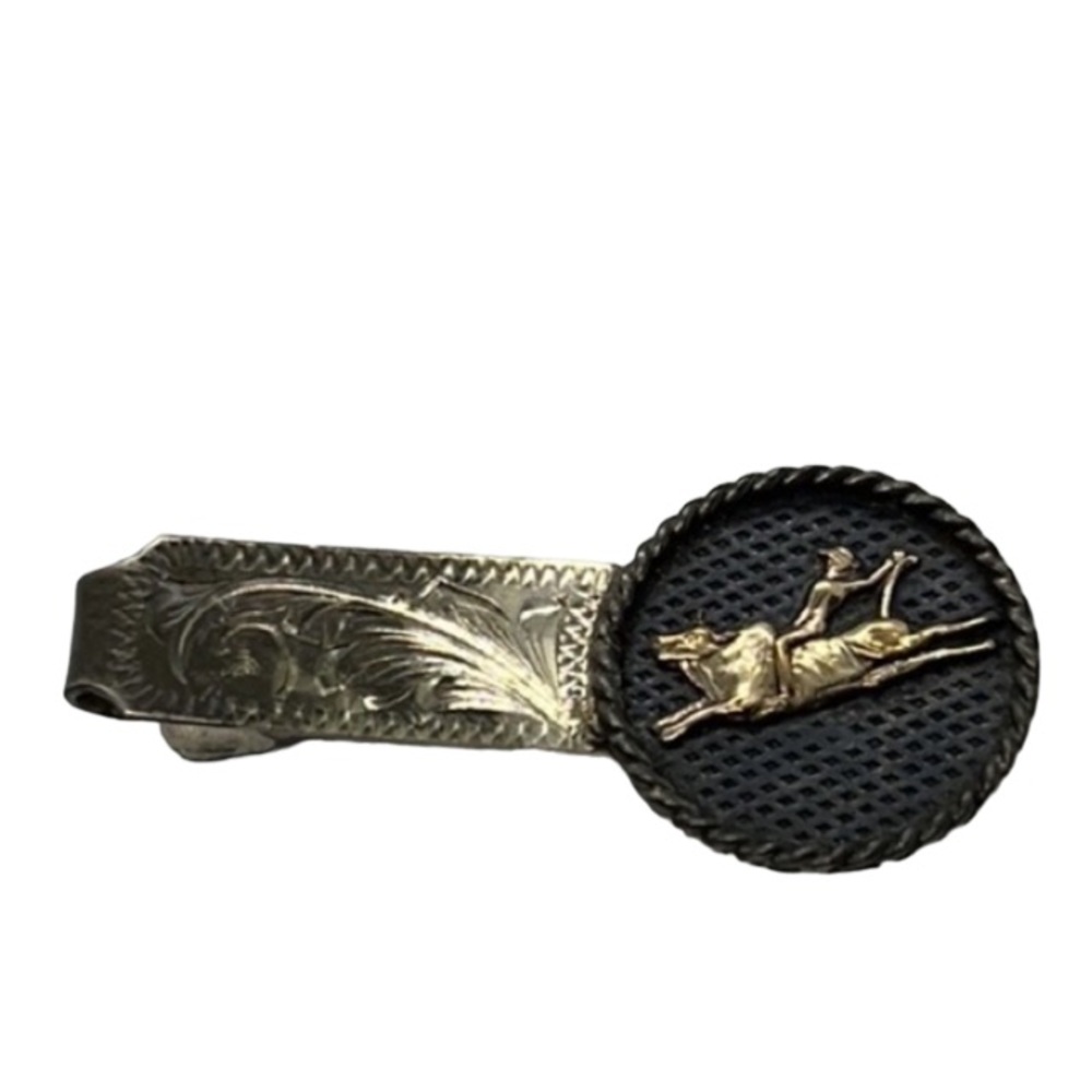 SILVER AND GOLD VINTAGE TIE BAR /CLIP WITH BRONCO, STERLING 10k STAMPED ON BACK